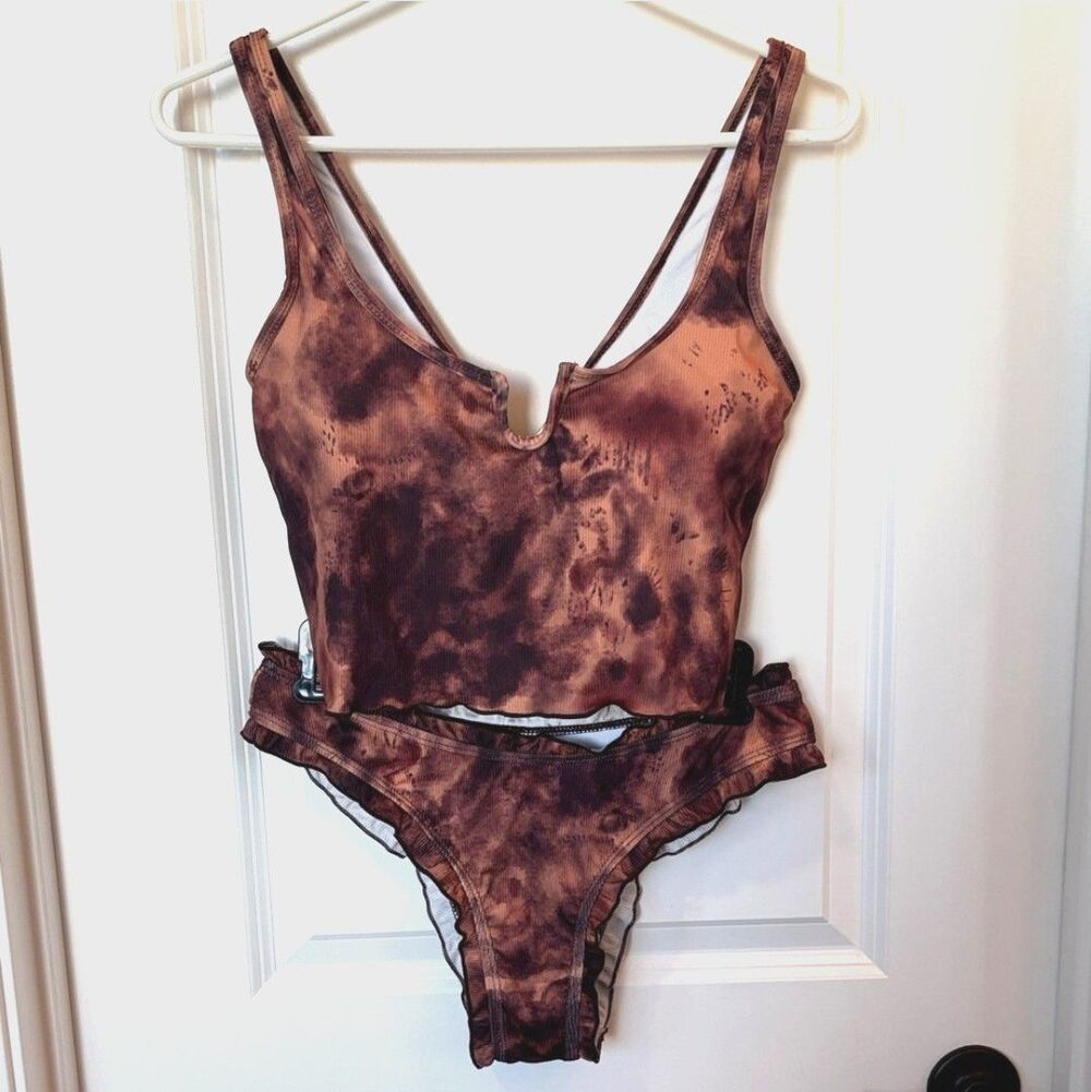 SHEIN 2 Piece Swimsuit Size L Tankini Ruffle Trim Cheeky Bikini Brown Tie Dye